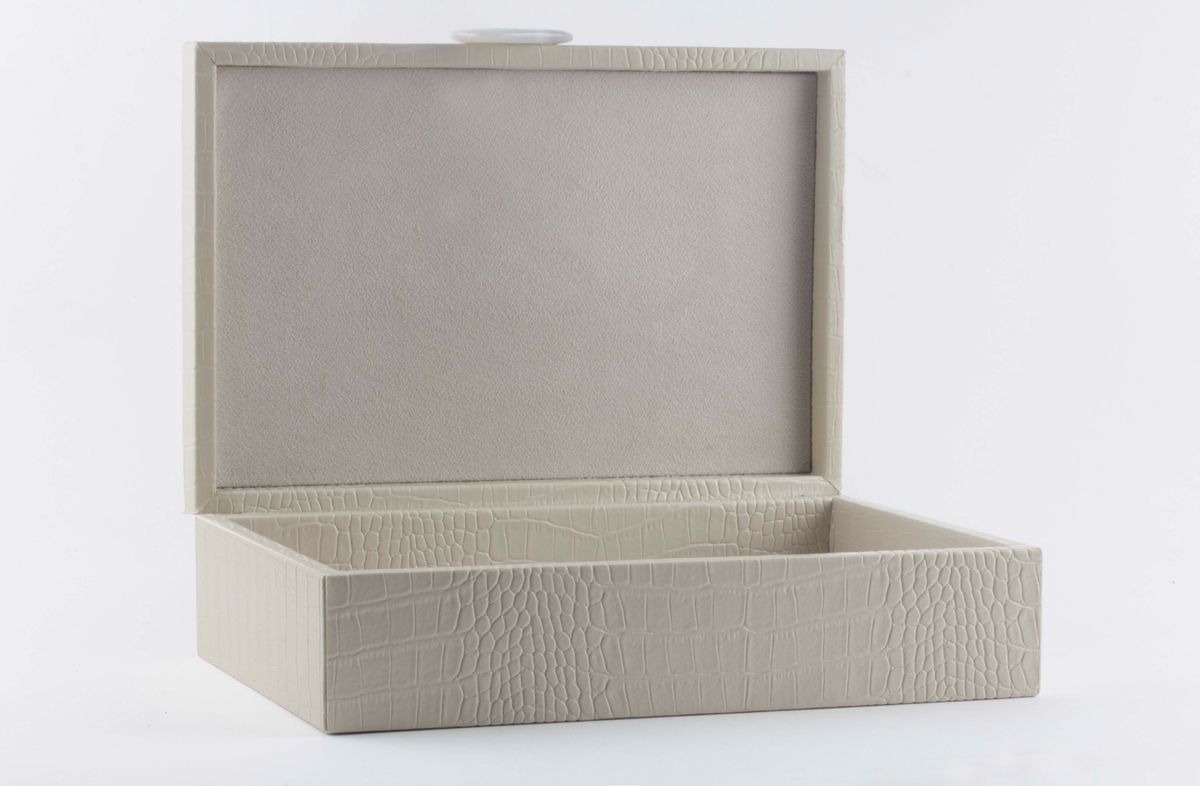 Large White Crocodile-Embossed Jewelry Box